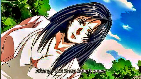 Busty black-haired anime girl in white top reflecting after father's grave visit - hentai scene