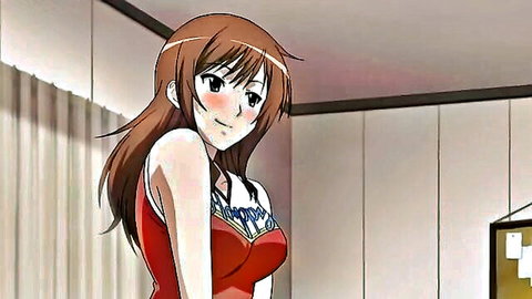 Busty anime hentai girl with huge tits in tight red dress smiling seductively