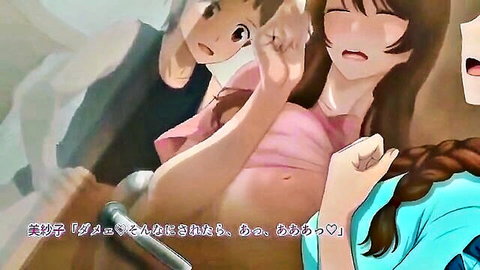 Hentai anime brunettes with big tits exposed in ahegao ecstasy during group fondling