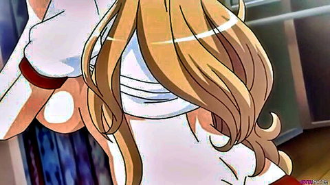 Blonde hentai babe in tight white uniform teasing big tits and thigh-high stockings