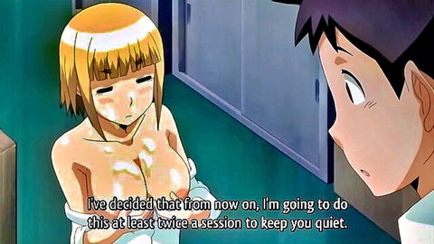 Blonde hentai teen with massive bare tits covering boobs teasing surprised anime guy