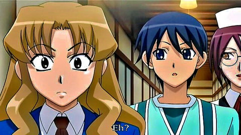 Blonde anime schoolgirl surprised with blue-haired boy and maroon-haired nurse in hentai