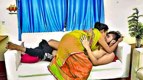Indian hot mommy in saree straddling and kissing lover passionately