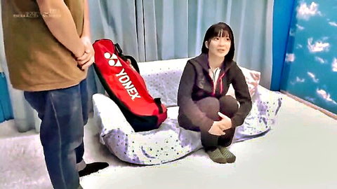 Japanese amateur girl in jacket kneeling with guy, cozy setup