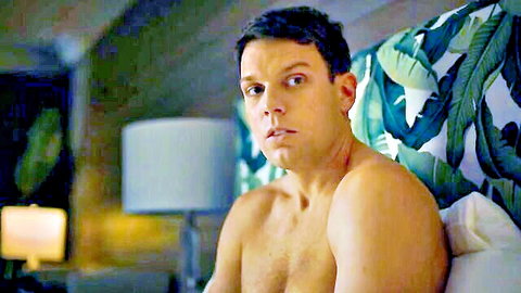 Shirtless muscular man in bed, sexy scene with Sydney Sweeney & Alexandra Daddario in The White Lotus