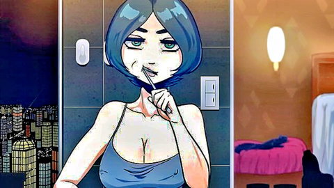 Blue-haired hentai girl brushing teeth, showing deep cleavage in tank top