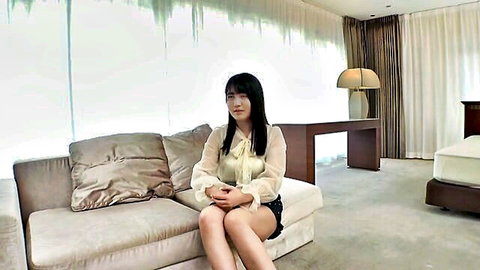 Beautiful Japanese college girl with big breasts in blouse and mini skirt