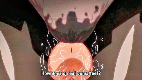 Hentai pantyhose thighjob animated scene with penis sensation text overlay