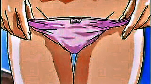 Cute anime teen pulls aside pink panties, exposing pussy in hentai scene