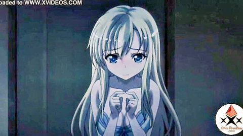 Shy anime girl with long silver hair clasping hands over her big tits in blue dress