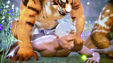 Hentai scene of anthropomorphic tiger mounting muscular white-haired man in wild feline frenzy