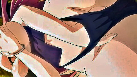 Busty purple-haired anime girl in black bikini from Nuki Doki! Revolution hentai