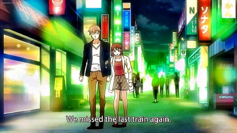 Hentai anime couple walks neon street after missing last train