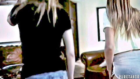 Two blonde women in jeans and t-shirts viewed from behind in PureTaboo's Half His Age Part 3