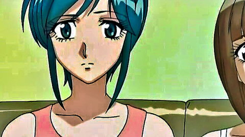 Hentai thumbnail of teal-haired anime girl in pink top with brunette friend on couch