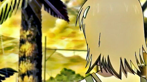 Blonde anime girl in feathered outfit, back view in tropical hentai scene from Kawarazaki Ke No Ichizoku 2