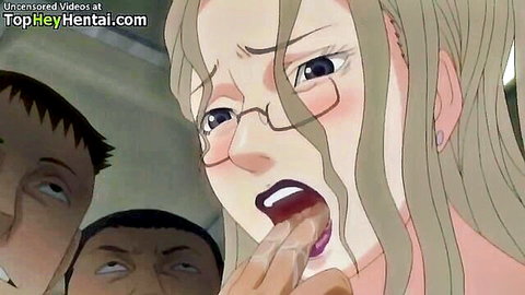 Busty anime girl with glasses in hot hentai gangbang, forced oral action