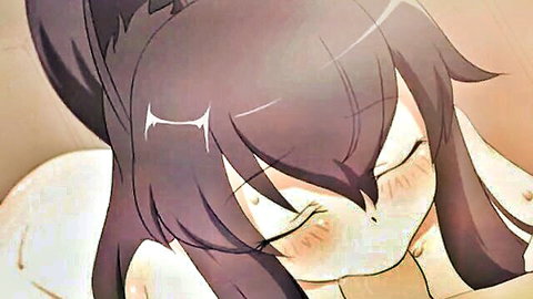 Blushing anime catgirl with black hair giving blowjob close-up