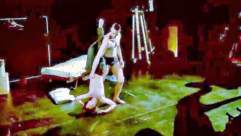 Muscular men in intimate upside-down hold, theatrical erotic performance