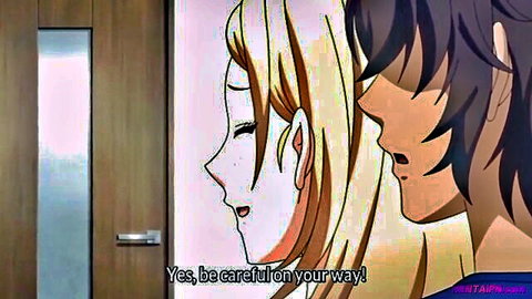 Blonde anime girl waving goodbye to dark-haired guy at door in hentai animation