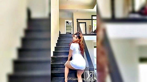 Mizz TwerkSum twerking in tight white dress up stairs, curvy ebony babe