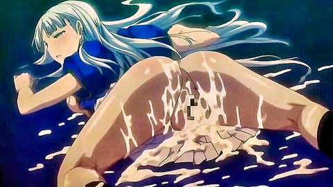 Hentai silver-haired schoolgirl bent over with creampie cum dripping from exposed pussy in water
