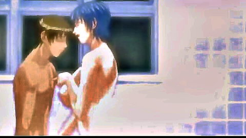 Nude muscular anime boys intimately touching in steamy tiled bathroom