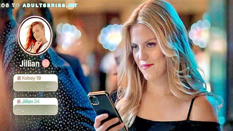 Blonde e-girl Jillian smiling while texting Kelsey in neon club chat