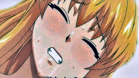 Blonde hentai girl ahegao face with squinted eyes open mouth and blush in orgasm ecstasy