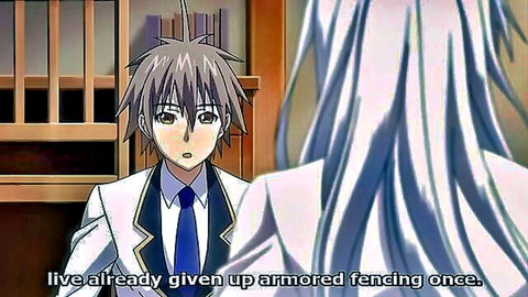 Anime guy in white suit facing long white-haired girl's back during fencing talk