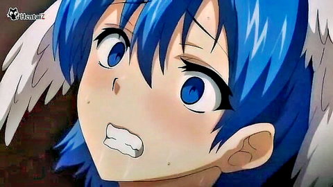 Voluptuous blue-haired hentai teen angel gasping in shock