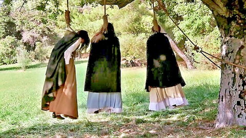 Three women in cloaks hanging from tree in BDSM suspension scene