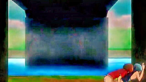 Anime hentai thumbnail of bent-over redhead girl with exposed ass and blue-haired partner kissing her neck