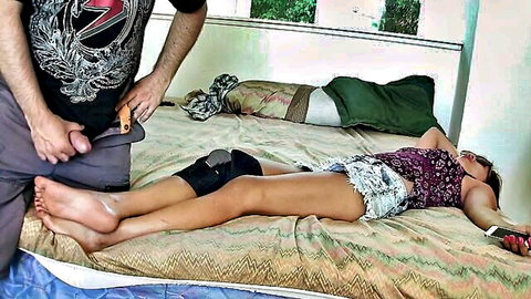 Cute college girl with injured knee gets feet cumshot from pervert in BDSM scene