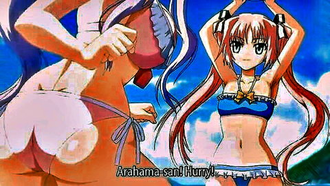 Hentai anime redhead in blue bikini urges Aruhama-san, showing friend's big ass in white swimsuit