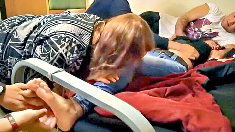 Petite Latina restrained in BDSM tickling scene, feet tormented by men