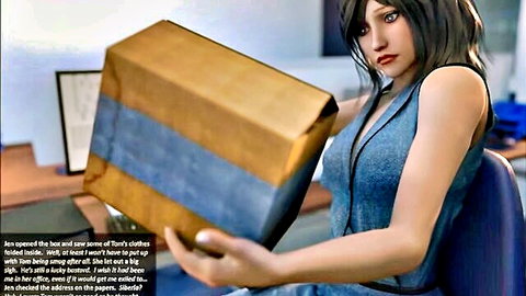 Busty giantess hentai woman holding box with spilling clothes, upset expression