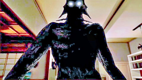 3D hentai shadowy werewolf monster with glowing eyes in erotic anime scene