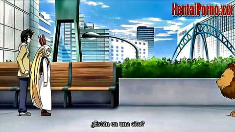 Busty blonde anime woman in white dress with black-haired guy and lion in urban hentai scene