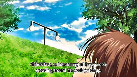 Anime girl with long brown hair running from crowd in outdoor hentai chase