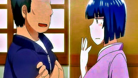Hentai anime couple scene: blue-haired woman in pink dress chats with dark-haired man