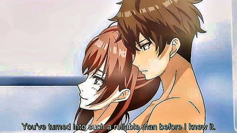Anime hentai couple embrace: red-haired girl with shirtless brown-haired guy from Anehame