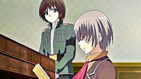 Anime hentai scene with Shakuen No Eris characters in uniforms, brown and silver hair duo