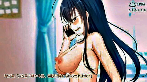 Busty black-haired anime girl topless on phone call in hentai video