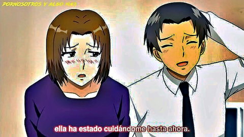 Blushing anime girl in purple top with smiling office guy, hentai couple scene