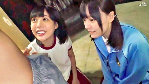 Cute Japanese schoolgirls in uniforms, smiling in JAV lesbian threesome preview