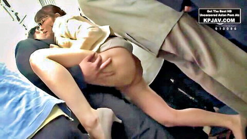 Japanese office lady fucked on bus in upskirt position by suited man
