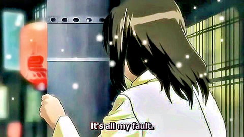 Sad hentai vixen with big tits in white uniform regrets outside in snow