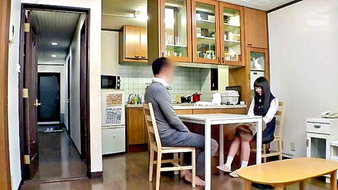 Japanese schoolgirl in sailor uniform with father figure at table, JAV incest roleplay scene