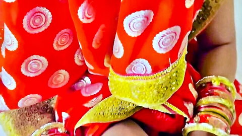 Honey Moon in red polka dot saree, Indian bride upper body tease